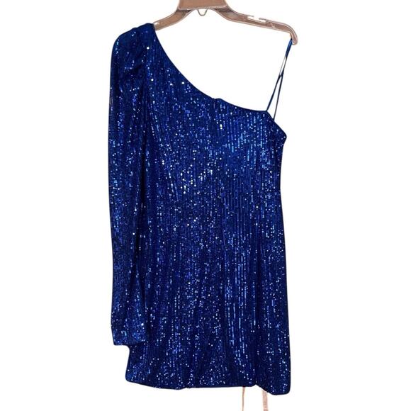 Mac Duggal Size 12 NWT Style 26946 Royal Blue Sequined One Shoulder Mini Dress - Picture 5 of 7